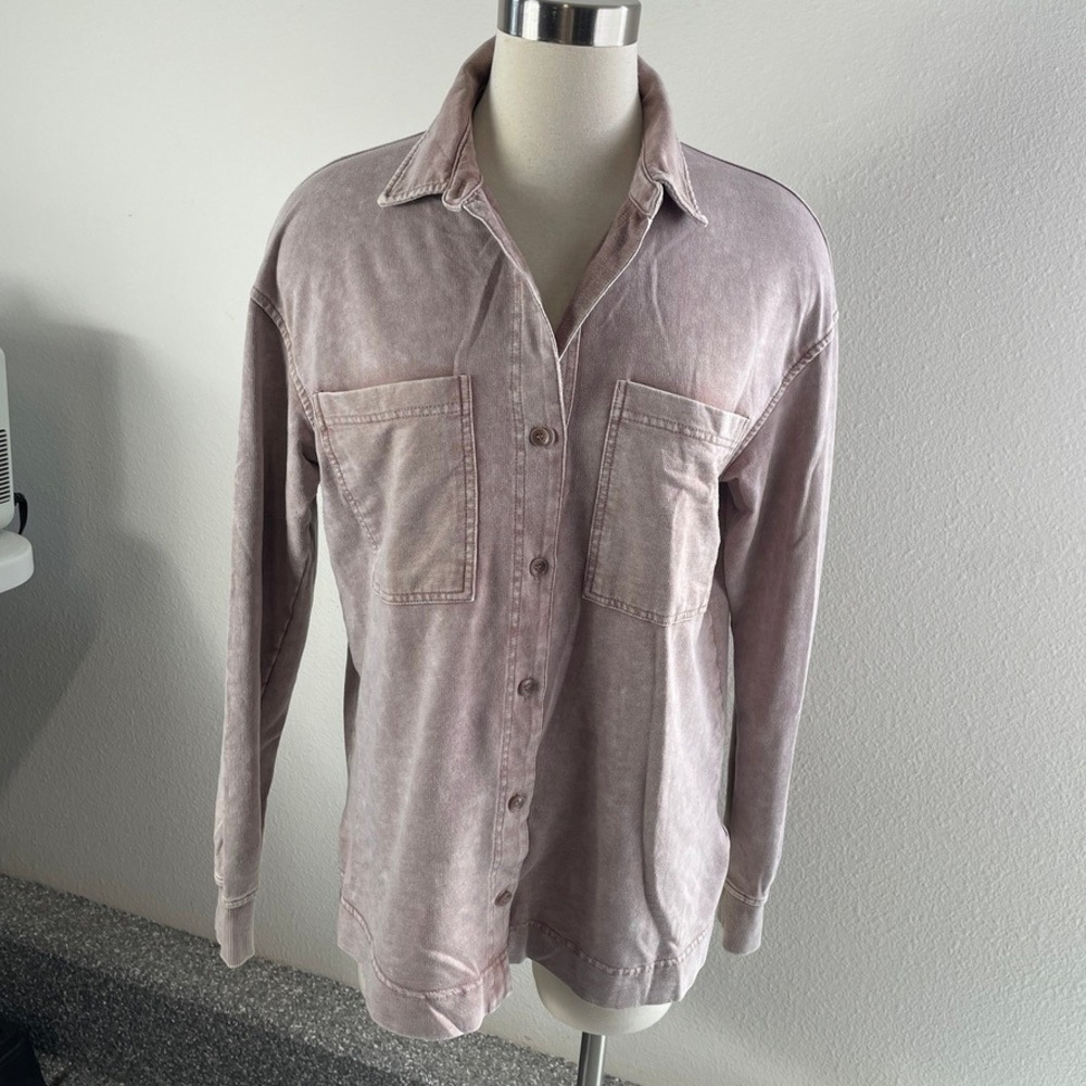 Jane + Delancey Womens Medium Mauve Acid Wash Ribbed Knit‎ Button Down Shirt